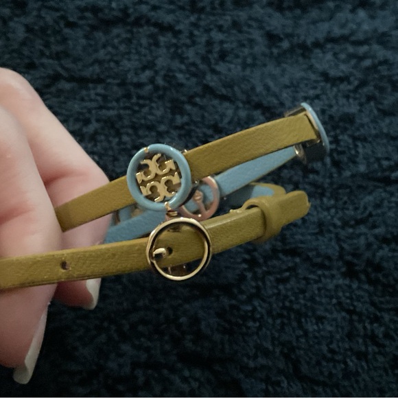 TB Double Wrap Leather Logo Bracelet Two-Tone Mustard&Light Blue W/ Gold Tone HW - Picture 10 of 11